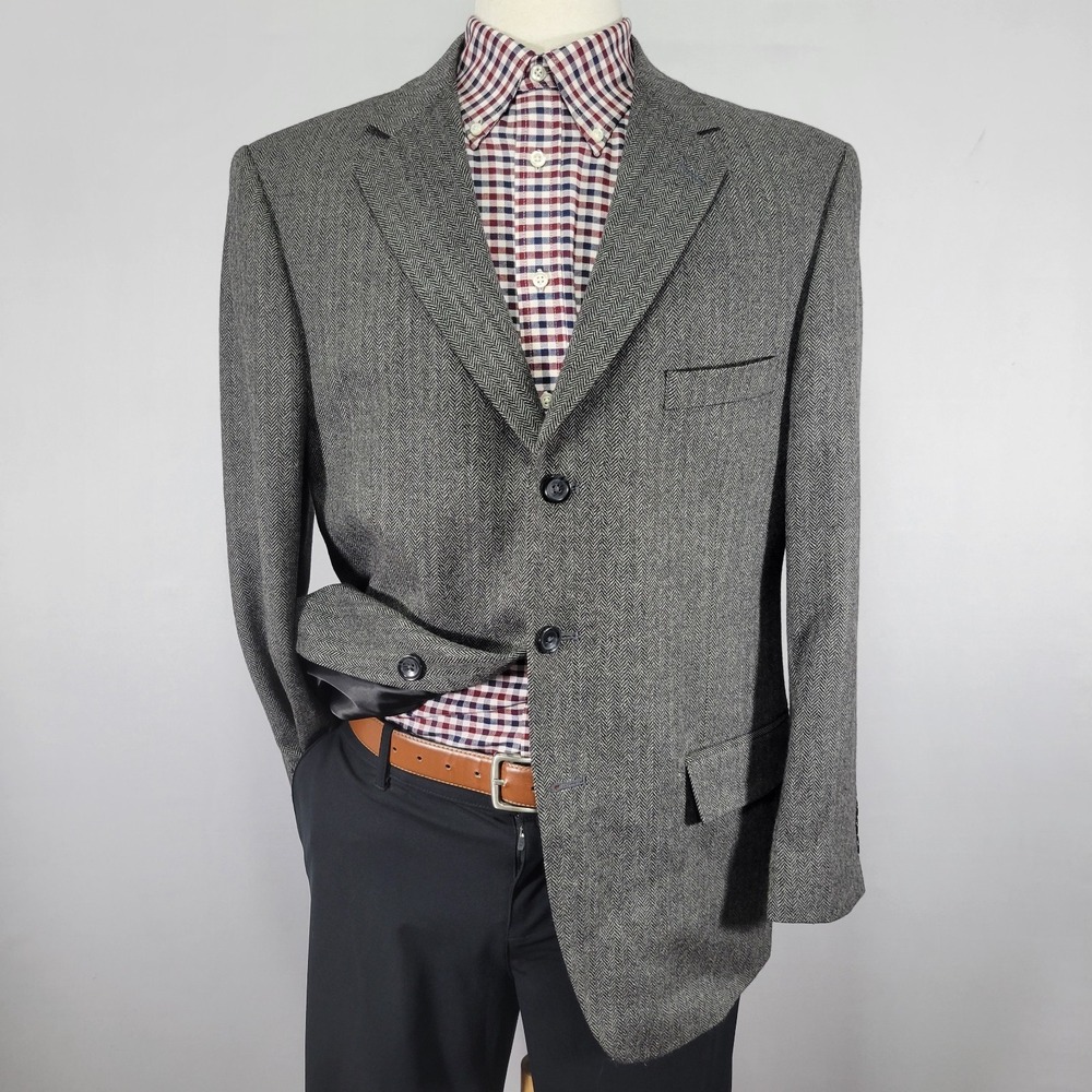 Stafford Essentials Mens Sport Coat Blazer Three Button GRY Herringbone Wool 42S